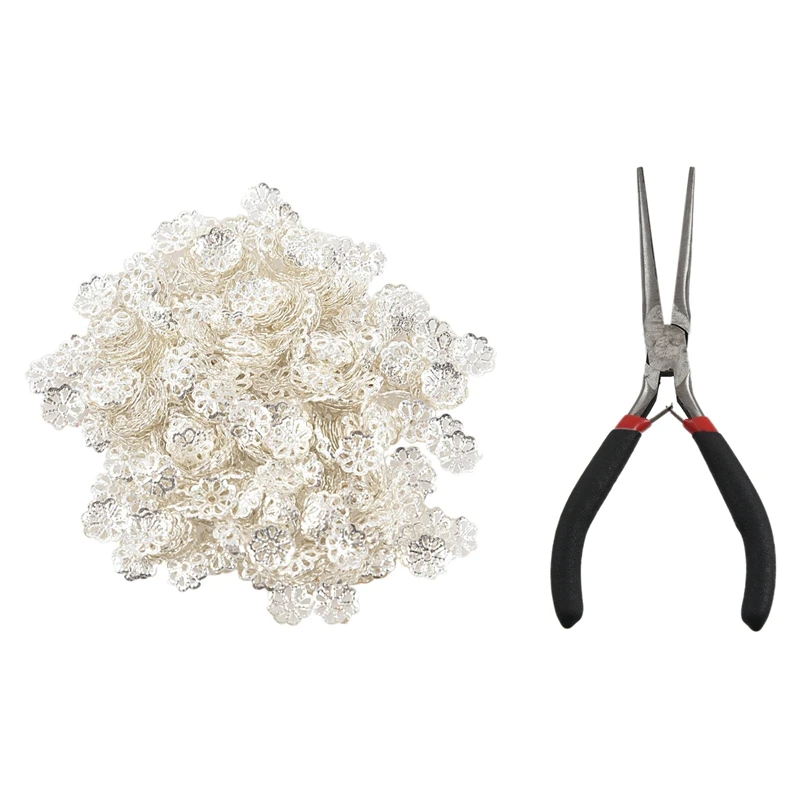 501 Pcs Beading Jewelry Making Tool: 500 Pcs Bead 6Mm Silver Flower Bead Caps & 1Pcs Flat Gift Long Nose Tapered Pliers