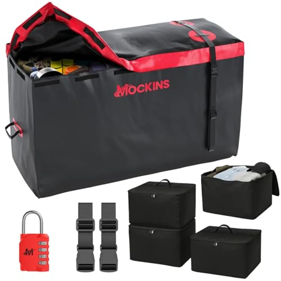 

Mockins 15 CuFt Soft-Shell Trailer Hitch Cargo Carrier Bag with 4 Packing Cubes 48x18x31 All Weather Waterproof Cargo Storage f
