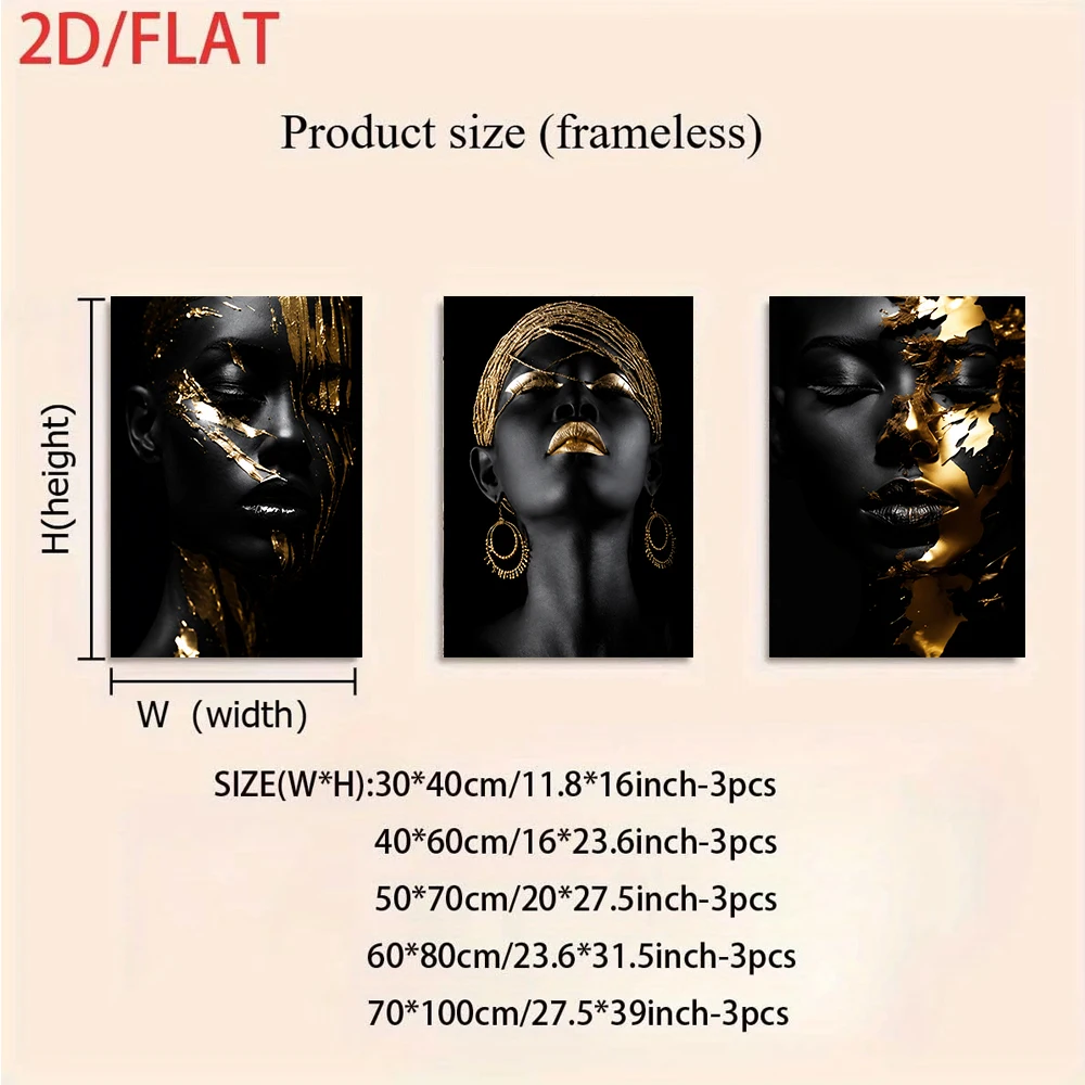 1 set of black and gold portrait triptych frameless modern light luxury art painting 2D flat