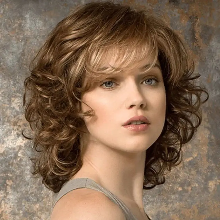 Synthetic Women's Side-Swept Bangs Short Curly Hair Natural Full Headpiece Golden Brown Curly Hair