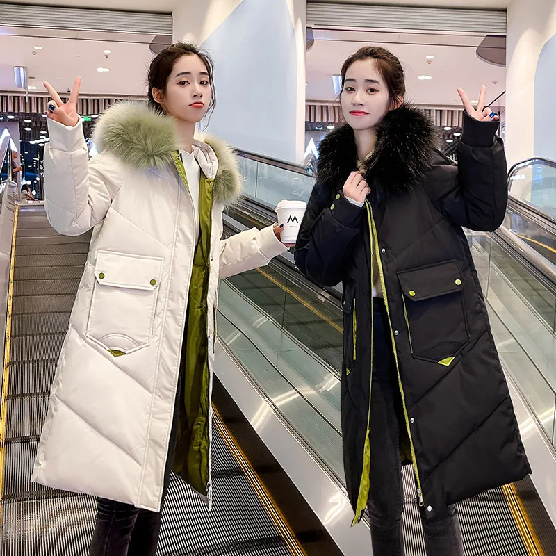 

Women Hooded Parkas Coats Long Jackets Color Blocked Zipper Fur Collar Long Sleeve Thick Straight Office Lady Casual 2025 Winter