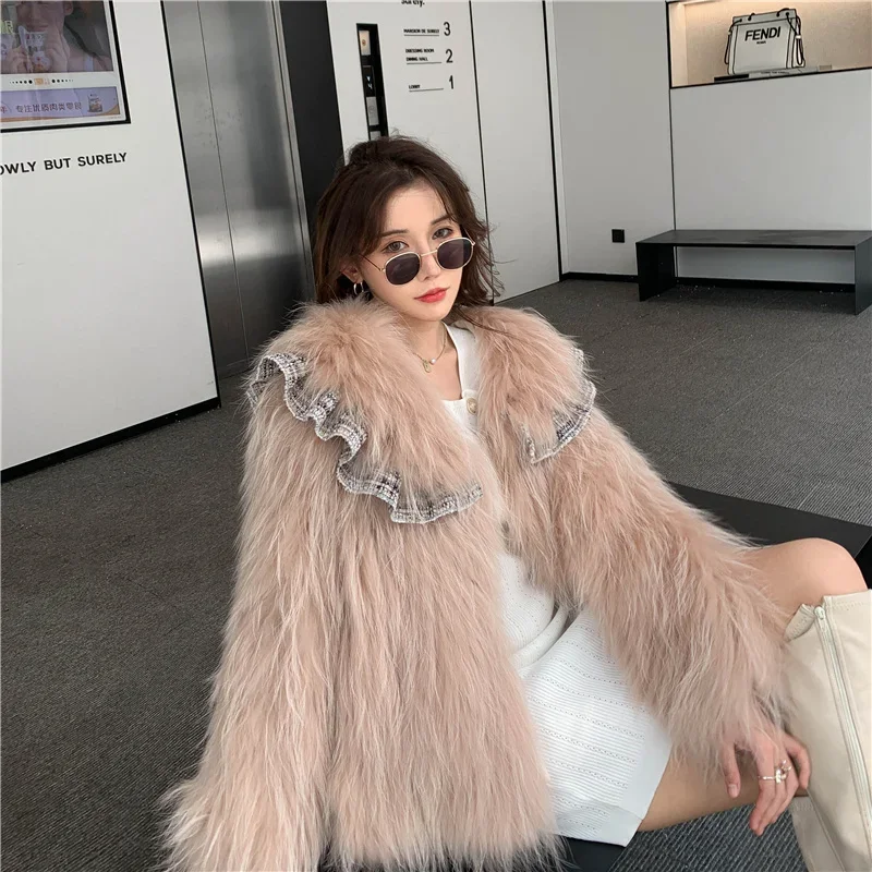 Girly Raccoon Dog Fur Woven Coat Lolita Style Thick Warm Fur Jackets Long Sleeve Lapel Short Outerwear Winter Women\'s Clothing