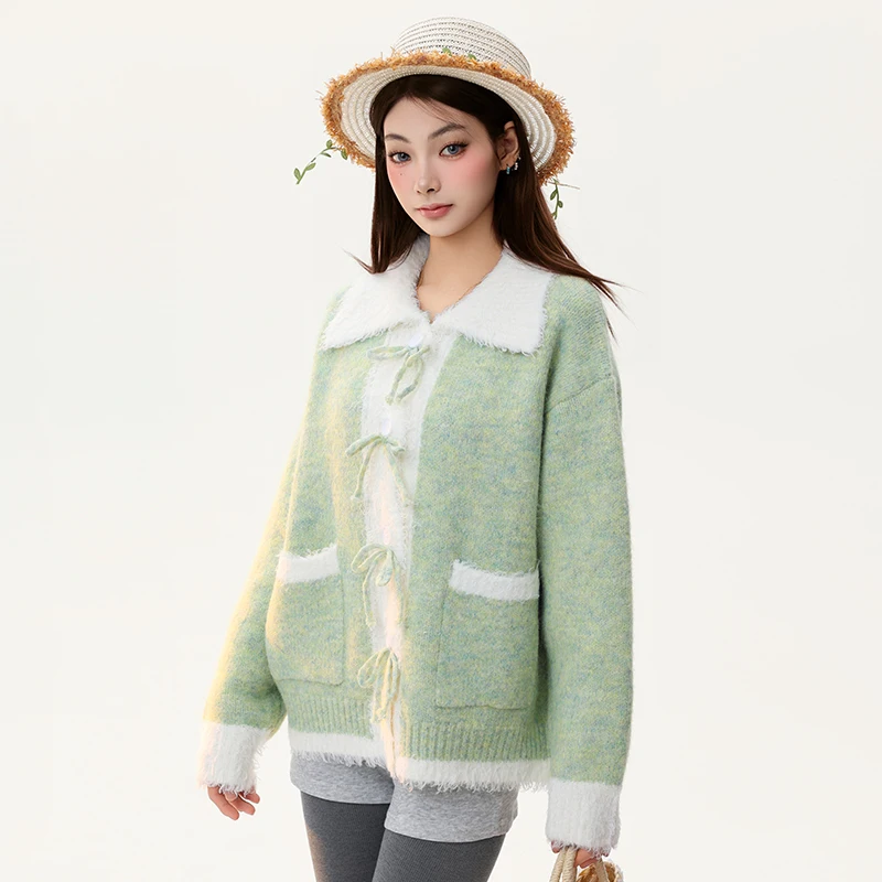 الأمريكية الرجعية بدوره إلى أسفل طوق محبوك المرأة سترة الخريف الشتاء تصميم جديد كلية الدافئة الحد من العمر سترة معطف السيدات #5