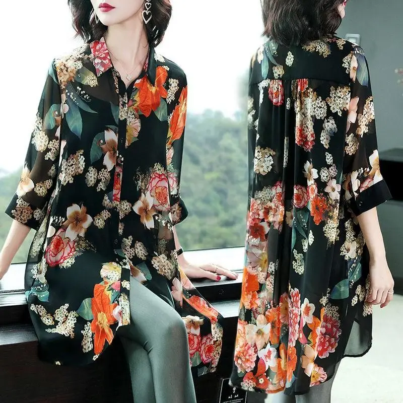 

Women Short Sleeve Button Shirts Vintage Solid Flower Print Loose Blouses and Tops Casual Ladies Cotton Shirt Tunic Chiffon S366