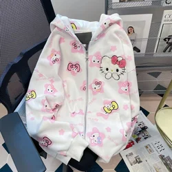 Anime Sanrio Hello Kitty Hooded Cardigan Jacket Kawaii Girl Autumn Vintage Coat Comfortable Cute Cartoon Women Hoodbirthday Gift