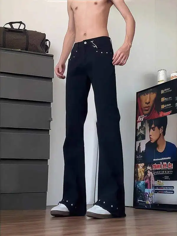 

Мужские джинсы Cleanfit Bla Rivet Knife: Американский уличный стиль, рваные, прямые, расклешенные, молодежные, трендовые джинсовые брюки