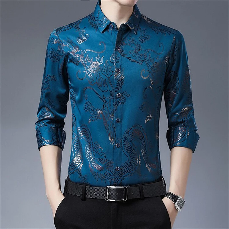 Chemises à imprimé graphique dragon de style chinois vintage pour hommes, chemises d'affaires décontractées, manches longues, mince, printemps, automne, 2023