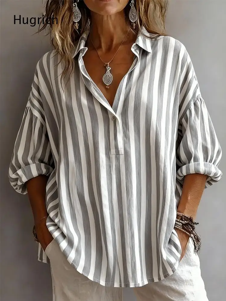 

Women's Casual Striped Button Down Shirt, Loose Fit Long Sleeve Blouse with Pockets for Summer Beach Vacation or Daily Wear
