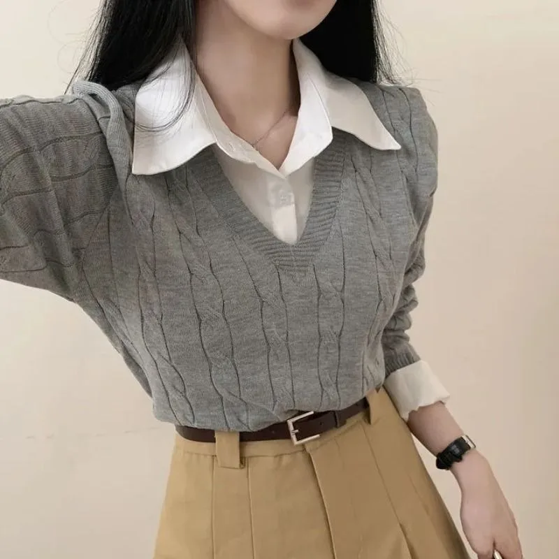 Women's Autumn Winter Korean Fake Two Piece Polo Sweater New Lady Graceful Knitted Long Sleeve Daily Joker Black Tops Female