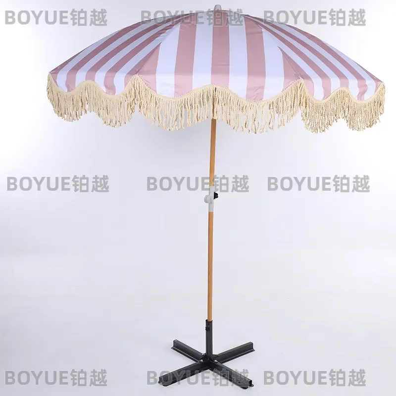 Large Wooden Pole Fringed Beach Umbrella Outdoor Sunshade for Patio Pool Camping Garden Parasol with Tassels UV Protection