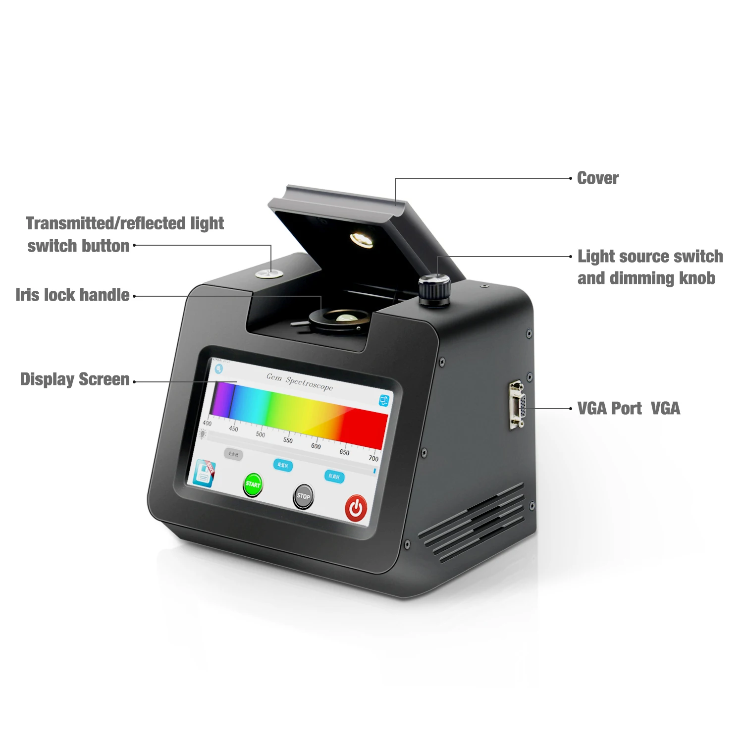 Fable Desktop Electronic digital Gem Spectroscope with screen showing results scale range from 400 to 700nm
