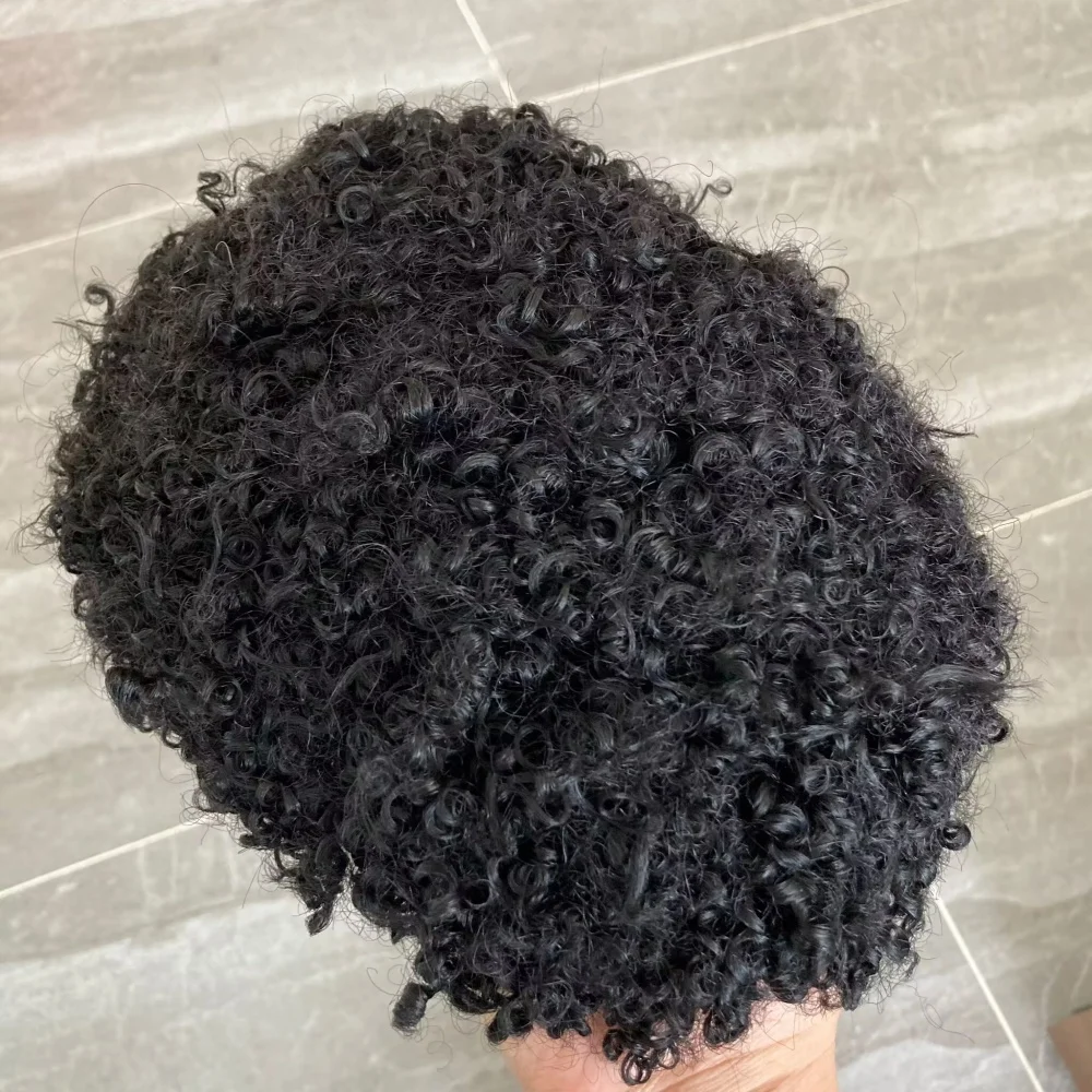 Durable Skin Base Afro Curly 8mm Toupee for Men 100% Human Hair Wig For Black Mens Male Hair Prosthesis Replacement Syste