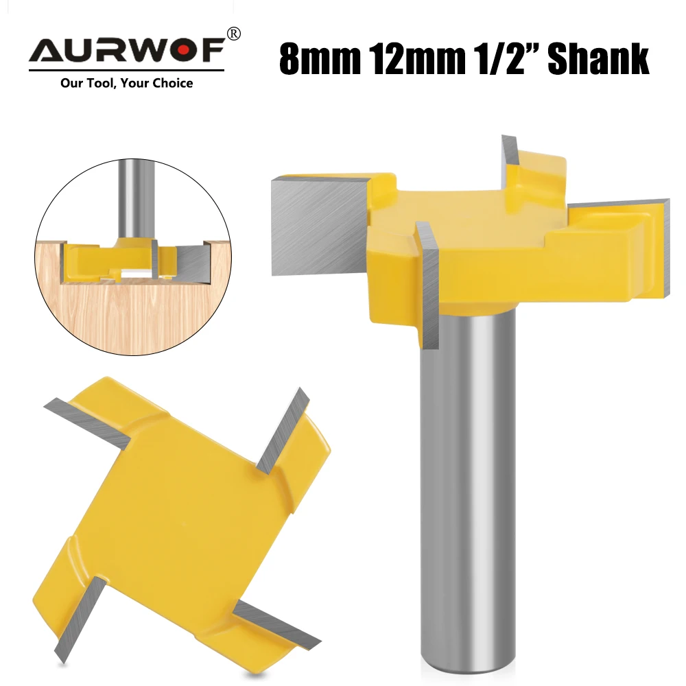 AURWOF 8mm Or 12mm 4 Edge T Type Slotting Cutter Woodworking Tool Router Bits For Wood Industrial Grade Milling Cutter Slotting