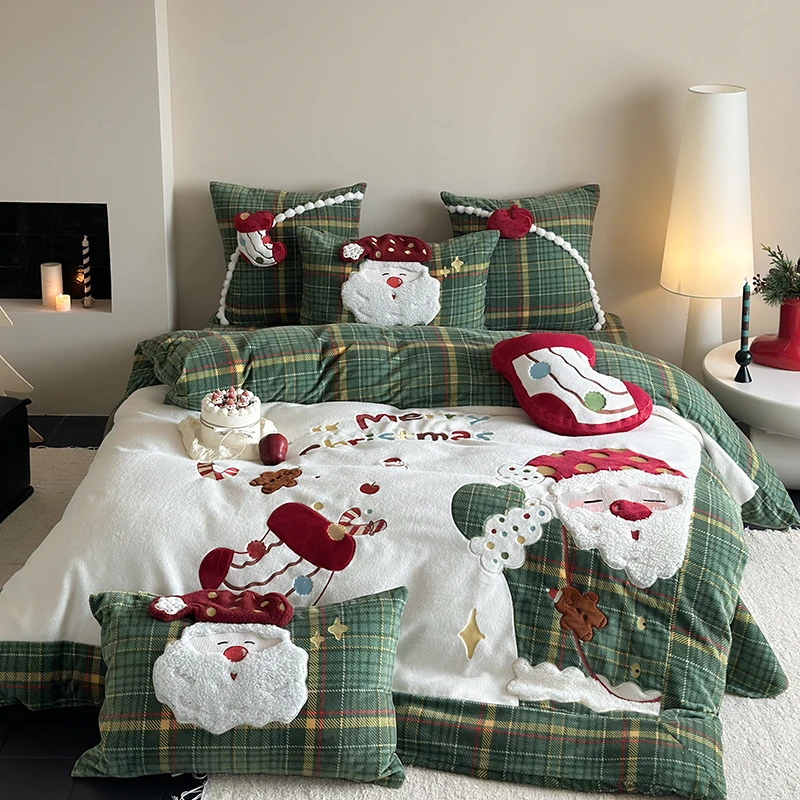 3/4Pcs Cute Santa Claus Embroidery Winter Warm Milk Velvet Bedding Set Single Duvet Cover Bed Sheet Pillowcases Christmas Gifts