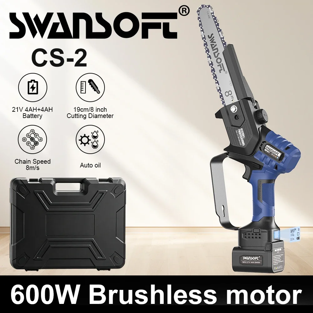 SWANSOFT CS-2, 19 cm/8 Zoll batteriebetriebene Mini-Elektrokettensäge mit zwei 21V 4Ah Akkus, Laufzeit: 30–60 Minuten, für Baumschnitt und Holzschneiden