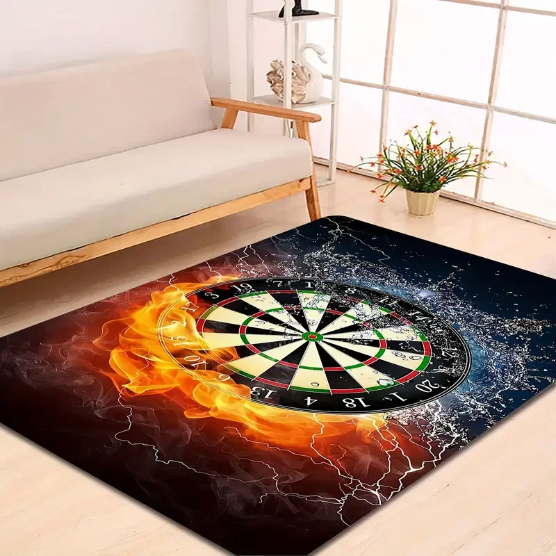 Dart Board Area Rug Fire Water Design, Born To Play Champion Theme Game Room Carpet, Non-Slip Decorative Rug for Man Cave