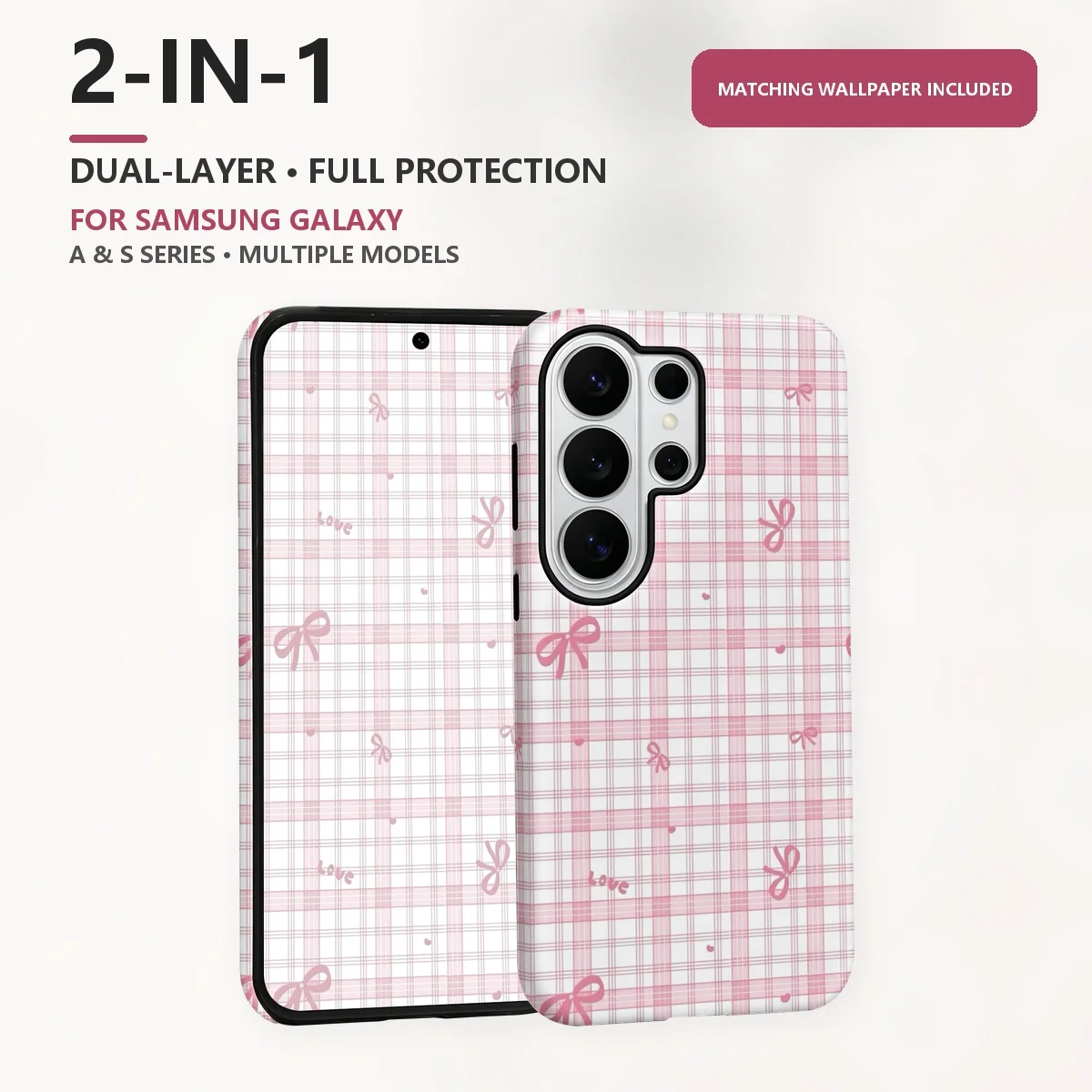 Pink Plaid Bow Pattern 2-in-1 Dual-Layer Phone Case for Samsung Galaxy S26 S25 S24 Plus Ultra FE S20 FE A56 A17 A16 A15