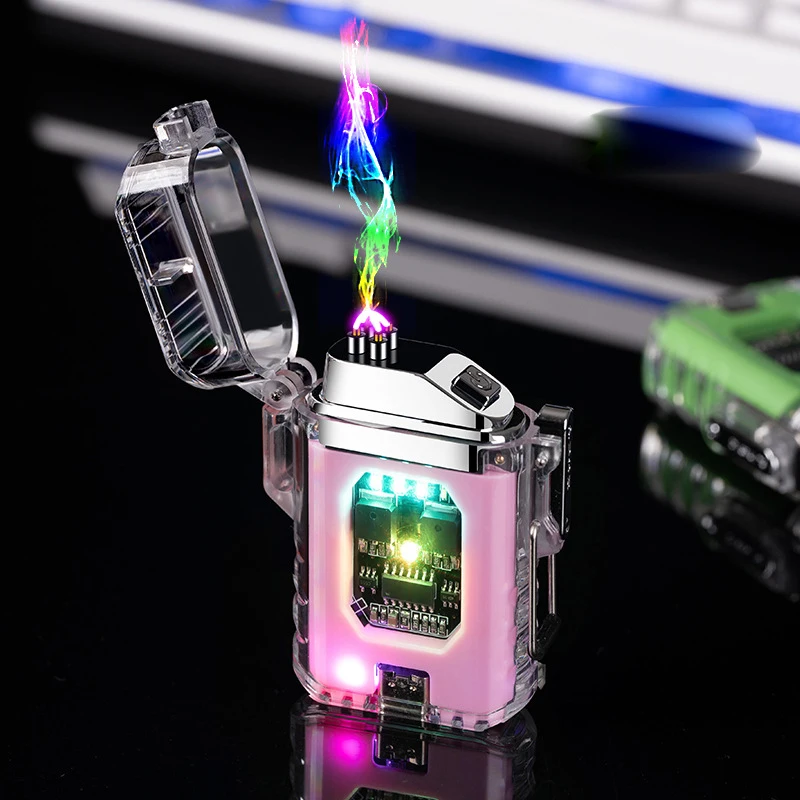 Transparent Waterproof Dual Arc USB Charging Lighter Outdoor Windproof LED Power Display Flashing Light Electronic Pulse Igniter