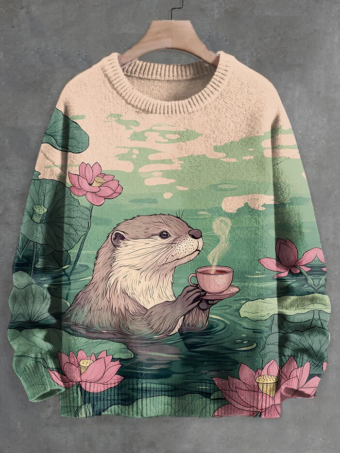 Men's Otter Drink Tea Japanese Fall Art Print Knit Sweatshirt Women For Men Sweater