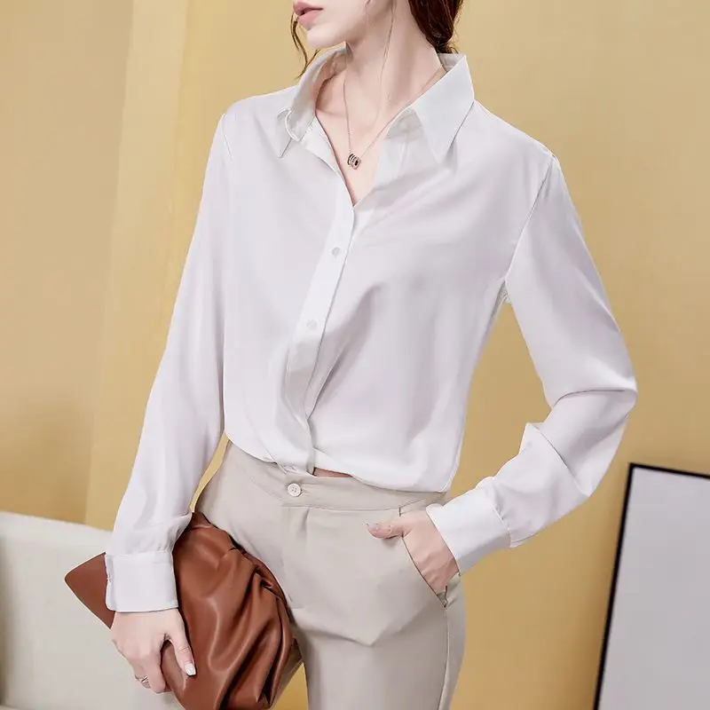 Women Clothing Elegant Loose Solid Blouse Polo Neck Long Sleeve All-match Loose Office Shirt Tops Spring Autumn Vintage Trend