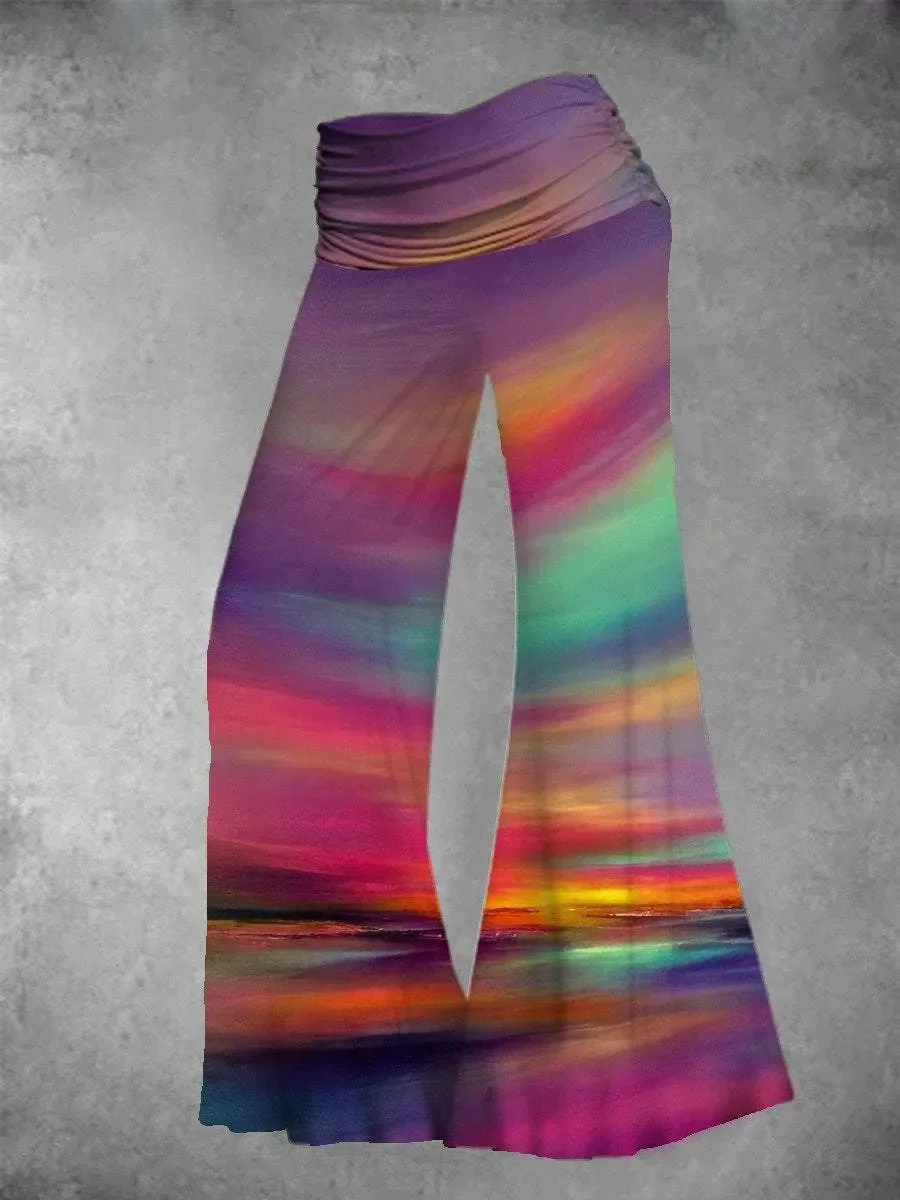 

Women's Psychedelic Rainbow Art Pattern Wide Leg Pants Cinched Foldover Elastic Waist Long Relaxed Pants