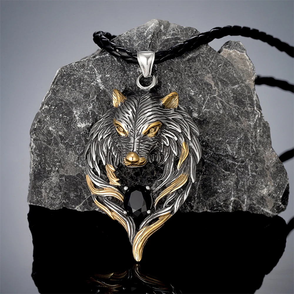 Punk Norse Mythology Odin's Wolf Necklaces Men Gold Color Stainless Steel Black Gem Vikings Fenrir Pendant Retro Amulet Jewelry