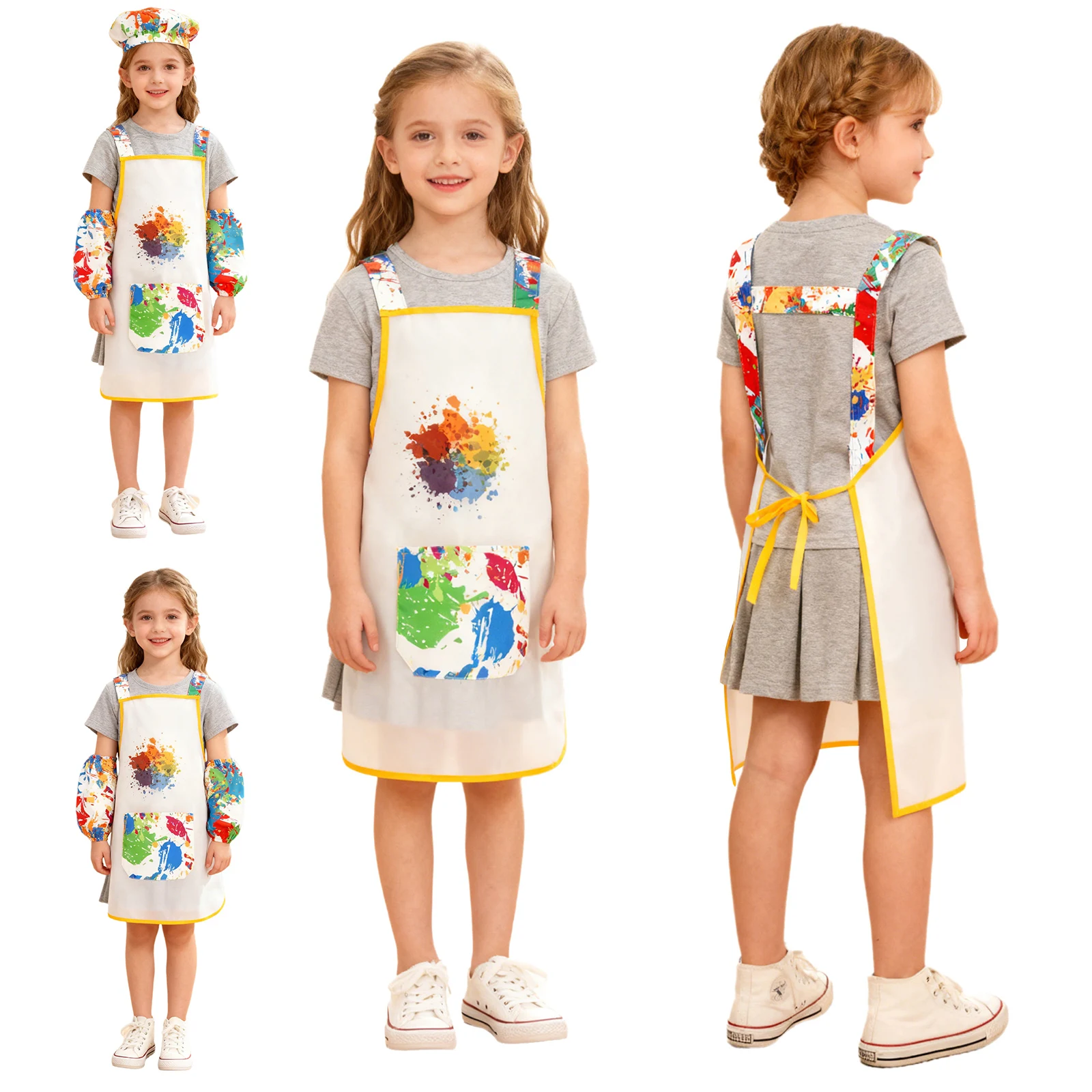

Kids Waterproof Painting Apron Artist Painter Cosplay Costume Semi Transparent Graffiti Print Drawing Aprons Bibs Arm Sleeve Hat