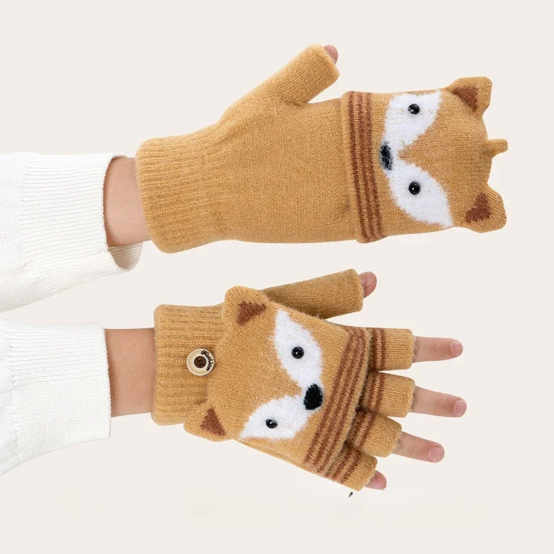 

Autumn Winter Children Knitted Gloves Flip Fingerless Gloves Cute Cartoon Fox Warm Half-Finger Gloves