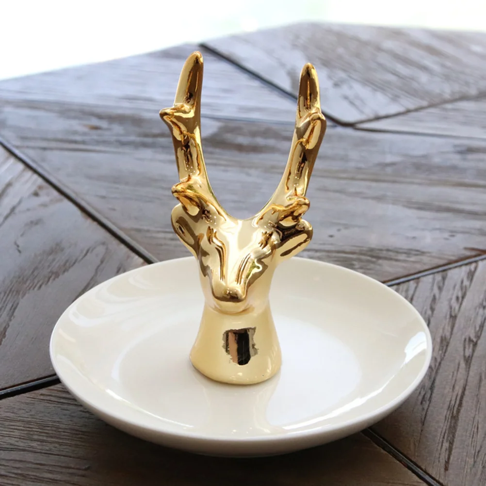 2Pcs Jewelry Storage Plates Golden Deer Head Ceramic Decorative Ring Dish Tray Organizer Jewelry Holder for Bracelet Earrings