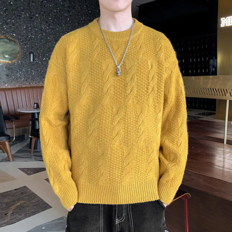 Casual Yellow O Neck Sweater Men Korean Fashion Long Sleeve Tassel Knitted Pullover for Autumn Lazy Long Sleeve Knitted Jumper