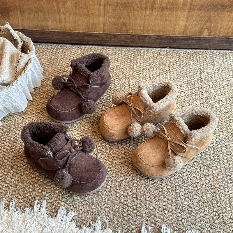 Kids Girls Warm Faux‑Suede Winter Boots, Pom‑pom Bow Fleece‑Lined Side Zipper Non‑slip Short Boots