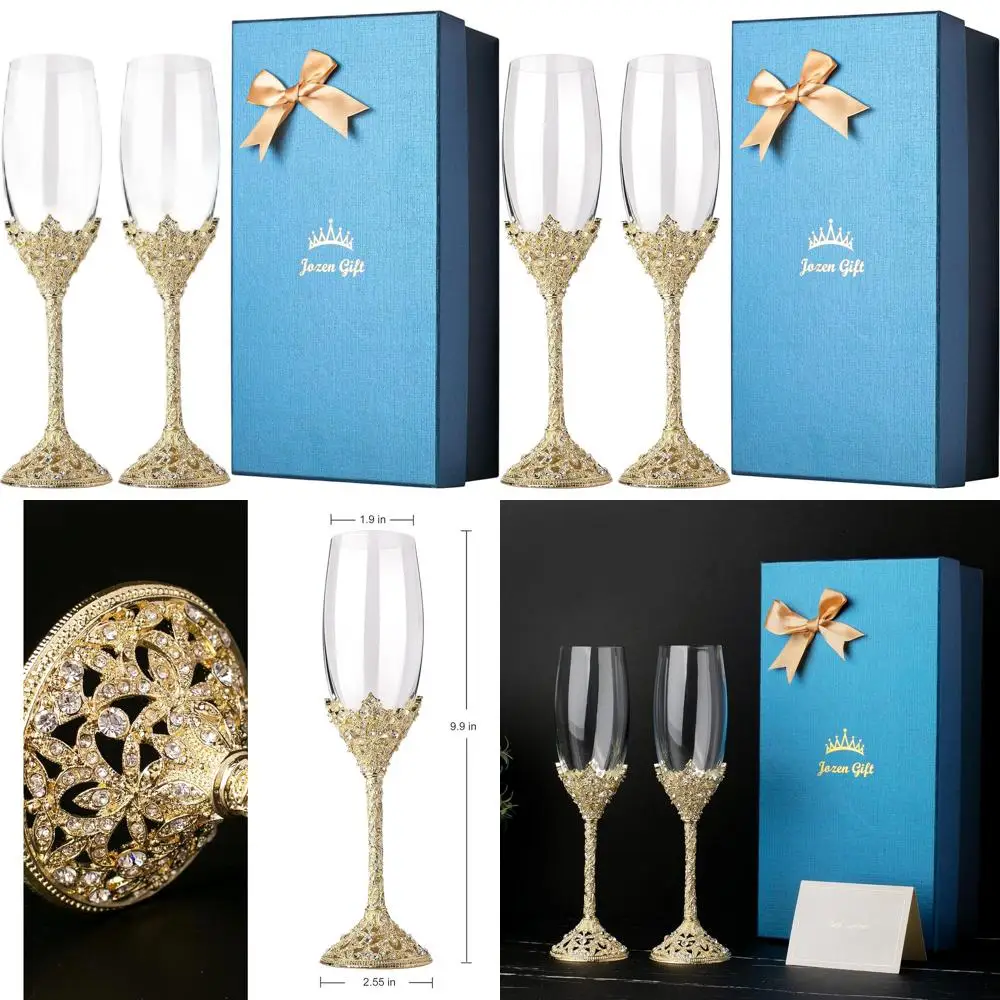 

Elegant Gold-Accented Crystal Flutes with Metal Base and Crystal Stones, Set of 2, Perfect for Weddings, Anniversaries, and Gift