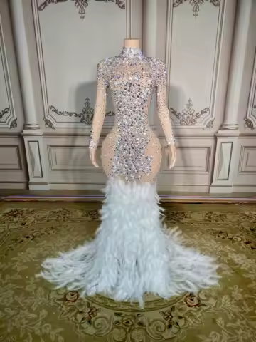 Elegant Rhinestone Graduation Birthday Prom Dress Formal Ball Gown Women Diamond Feathers Long Mermaid Wedding Evening Dress