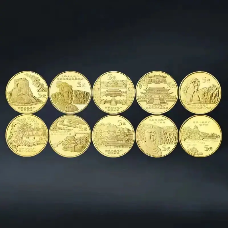 

10Pcs China World Cultural Heritage Real Commemorative Coins Full Set 5 Yuan Gold Plated Collectible Coins Set for Souvenir Gift