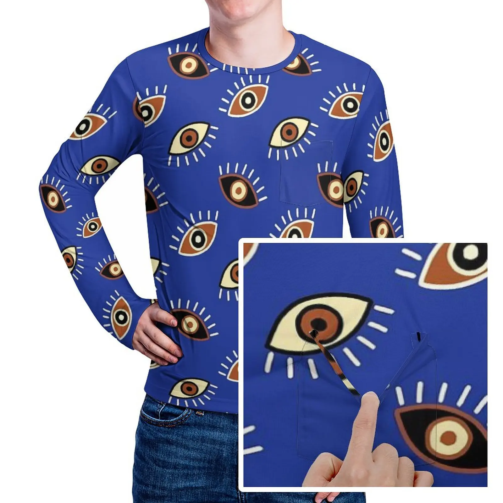 Evil Eye T Shirt Man Vintage Print Essential T Shirts Spring Retro Tees Long Sleeve Custom Oversized Clothes