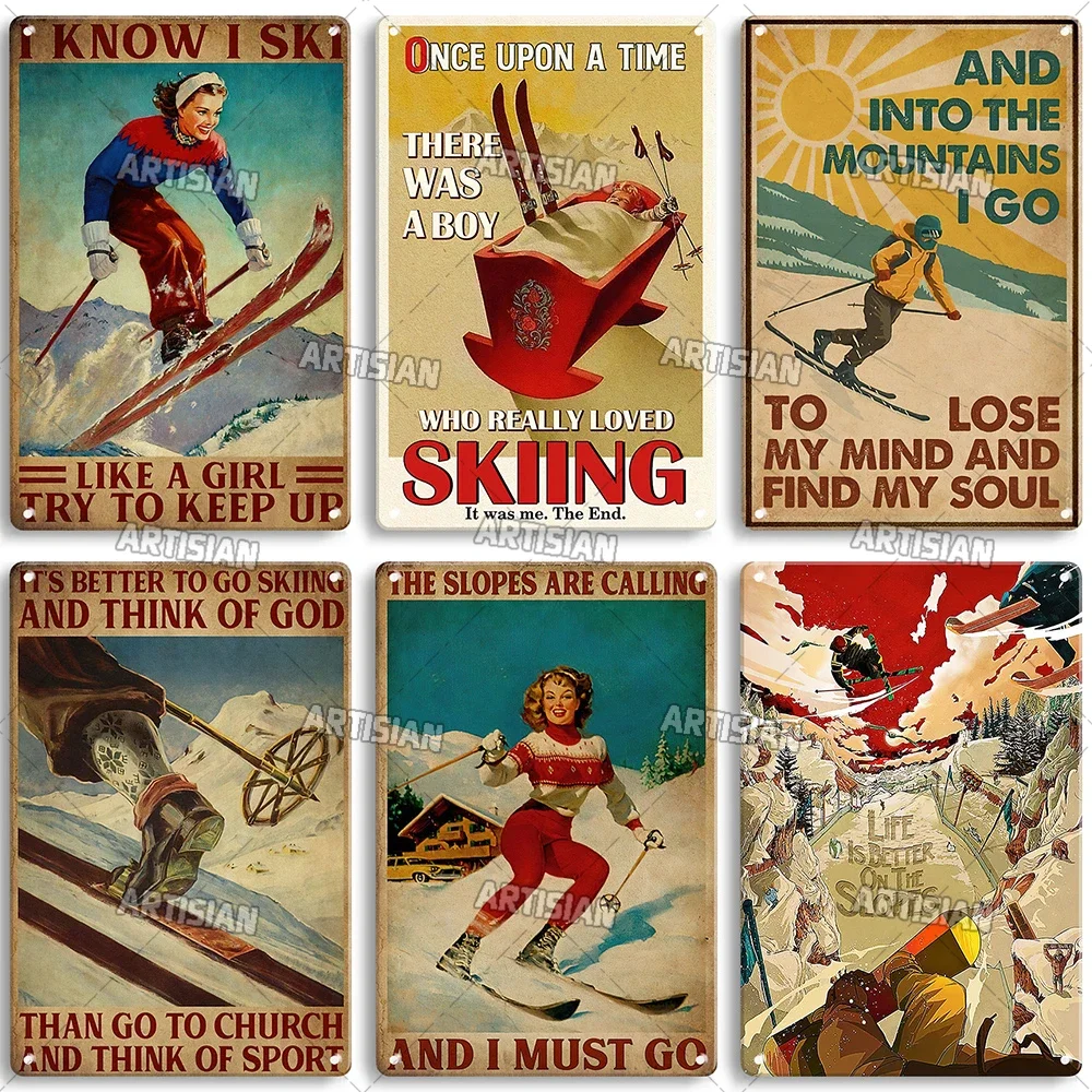 Artisian Skiing Metal Poster Snowboarding Tin Sign Sledding Sport Decorative Plaque Wall Decor Garage Bar Pub Club Hotel Cafe