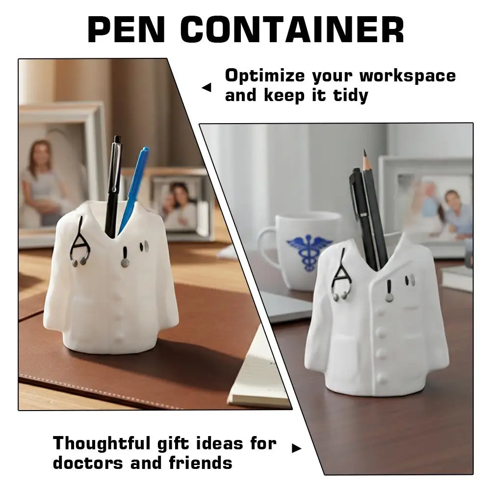 Novelty White Coat Pen Holder Multifunctional Desk Organizer Plastic Storage Box for Pen Makeup Brush Lipstick