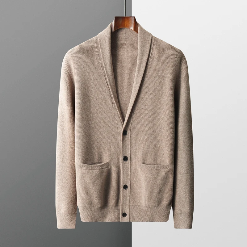 Autumn Winter 100% Merino Wool Cashmere Coat Men's V-Neck Cardigan Casual Solid Color Thickened Knit Jacket Warmth Top