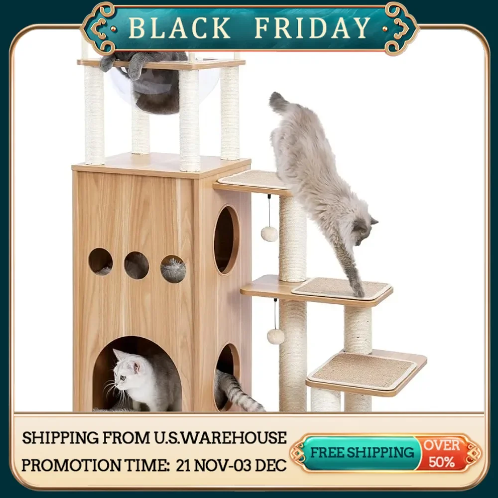 Pets Cat Tree Wood Cat Tower Heavy Duty with Scratch Post for Indoor Cats 51