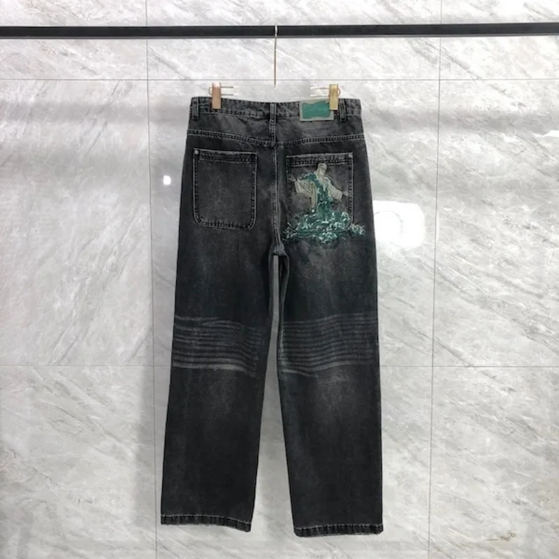 

Derschutze Denim Pant High Street Hip-hop Men Women Jesus Embroidery Pattern Jesus Logo Jeans