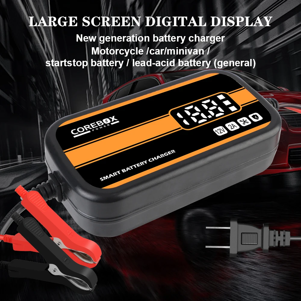Lead Acid AGM Gel Charger with LCD Display Automatic Intelligent Car Motorcycle Battery Charger for Car/RV/ATV/Boat 12V 2A