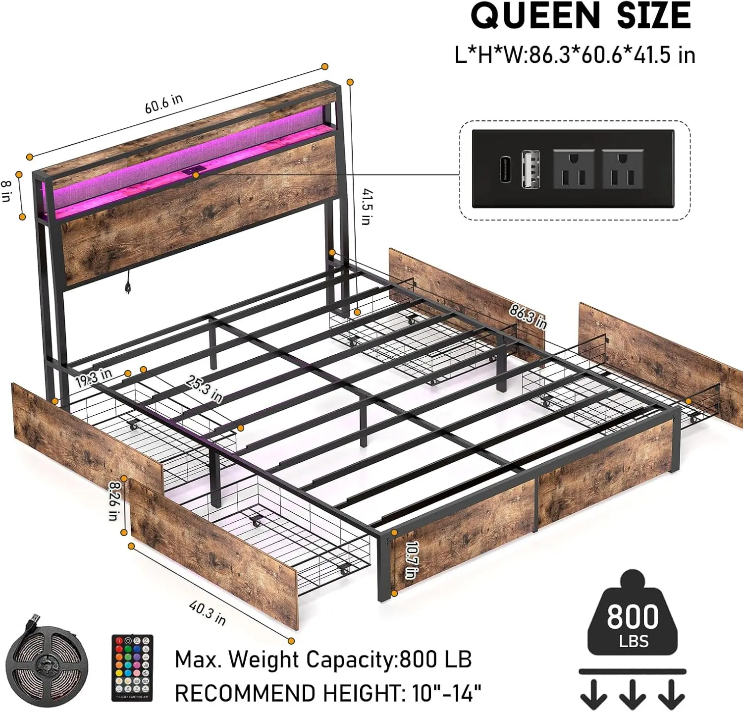 Large bed frame with 4 storage drawers and charging station, 2-story solid wood headboard storage, vintage brown color