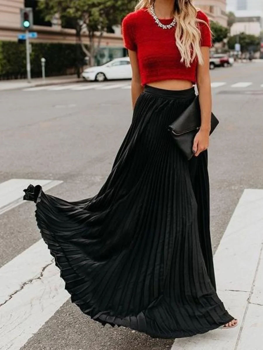 Faionable Chiffon Pleated Maxi Skirt Women's New Arrival f-length A-Line Street Sle Pure Color Mid-Waist Polyester Fiber