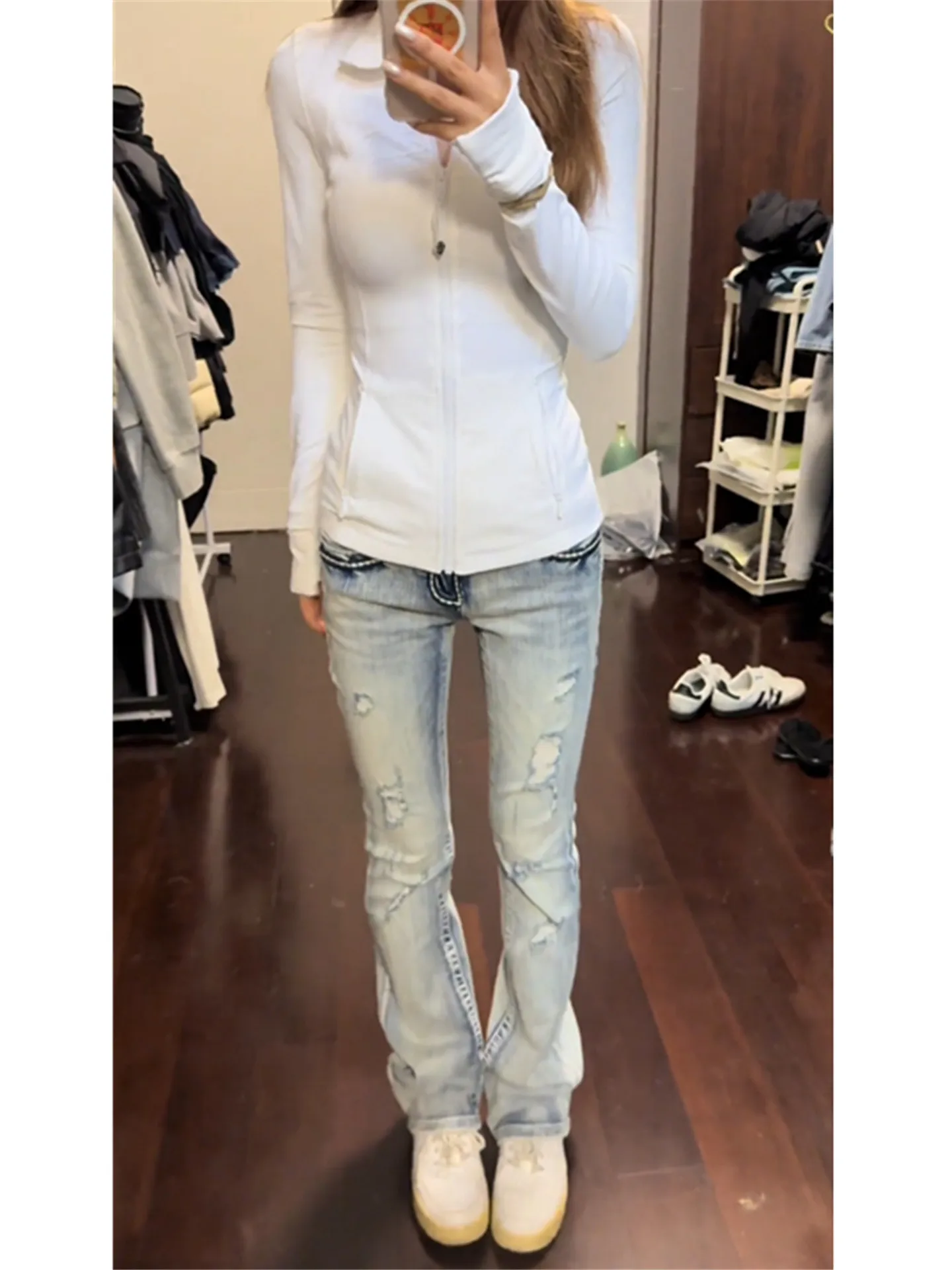 

American Style Retro Light Blue Faded Low Waist Flared Jeans Women Summer Slimming Sexy Long Dance Cotton Stretch Denim