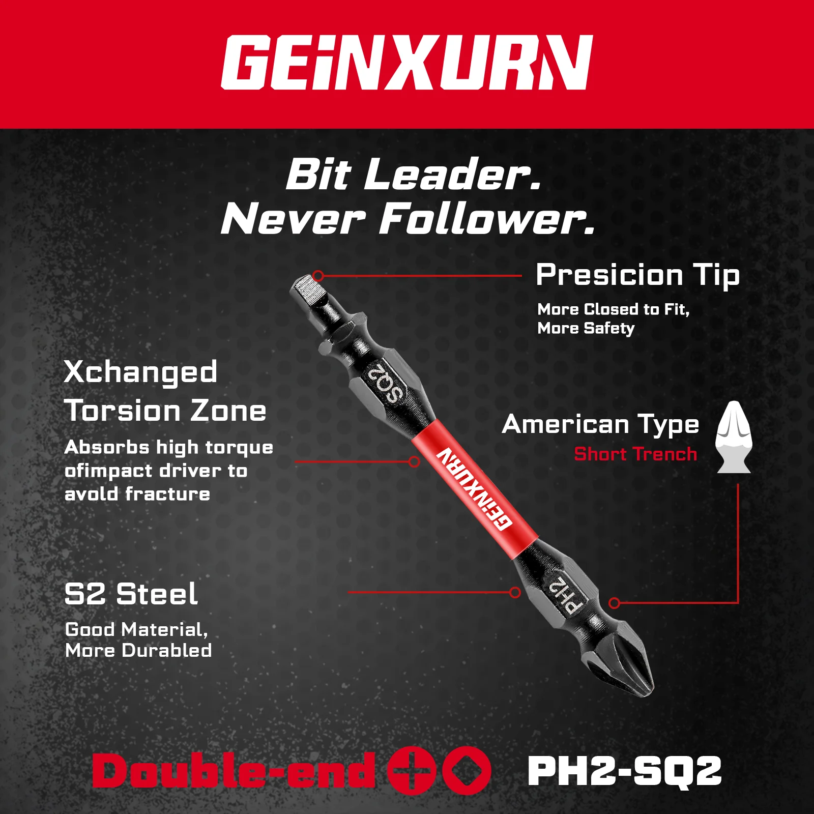 Geinxurn PH2-SQ2 Impact Double End Screwdriver Bit Set,2.56’’ #2 Phillips/#2 Square, Magnetic S2 Steel, 2-sided bits