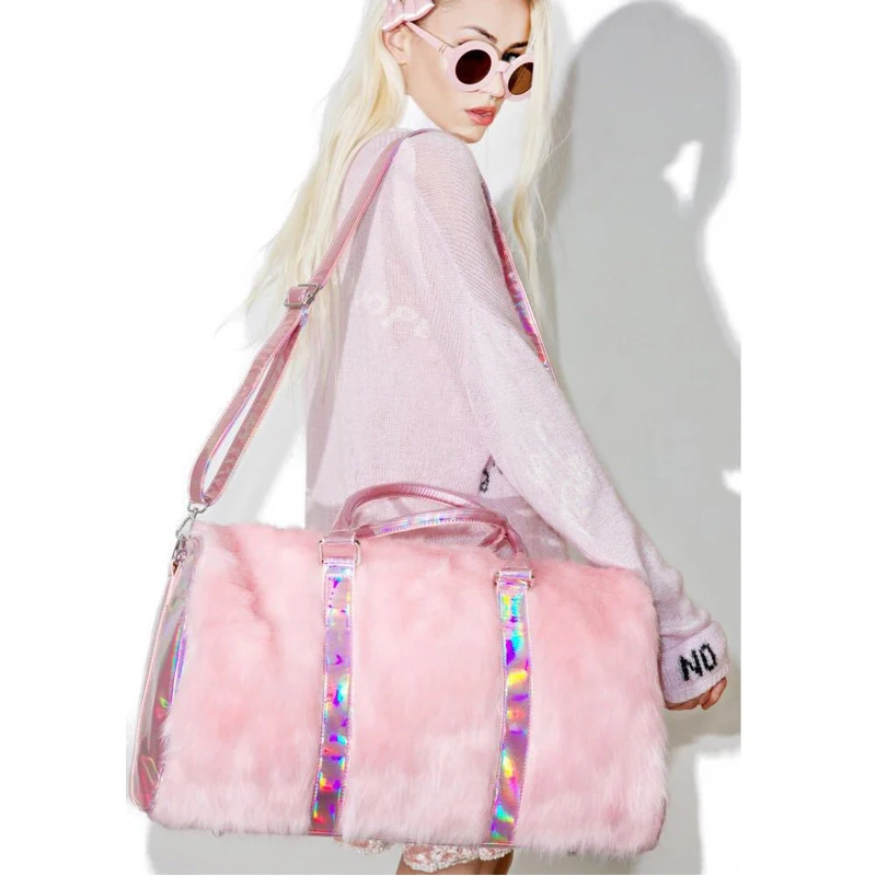 Sweet Girl Bags Pink Faux Fur Handbag Soft Rainbow Women Tote Bags Large Capacity Laser Symphony Shoulder BagsTravel Boston Bags