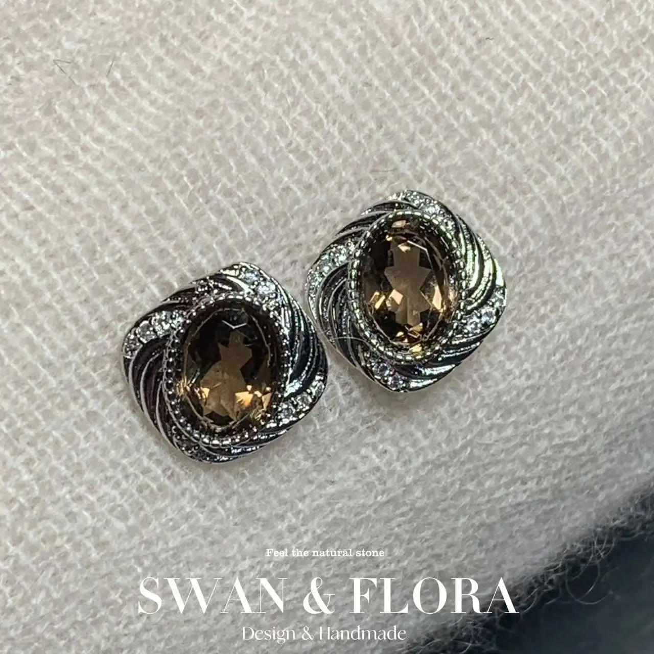 

MM Natural Smoky Quartz Stud Earrings For Women Stone 925 Sterling Silver Vintage Gift Prevent Allergy Fine Jewelry