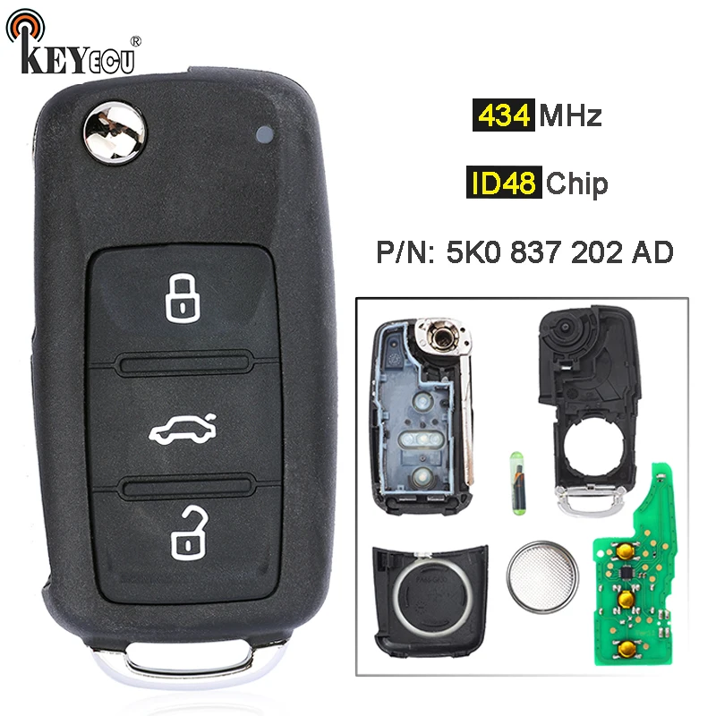 

KEYECU 433MHz ID48 Chip P/N: 5K0 837 202 AD Smart Remote Key Fob for VW Volkswagen Toureg Beetle Golf Jetta 2011-2015