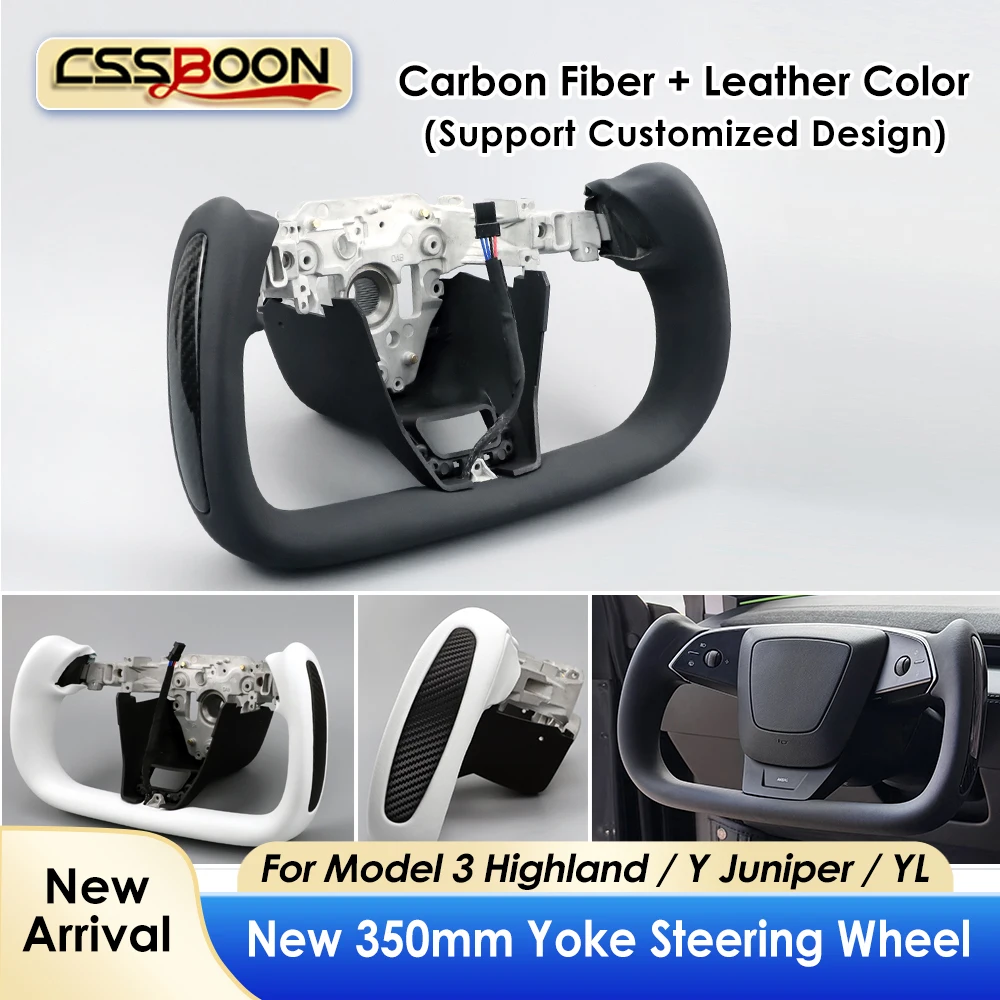 Newest 2026 Model Y Juniper Yoke Handle 350mm Carbon Fiber Leather Sports Steering Wheel Heated for Tesla Model 3 Highland