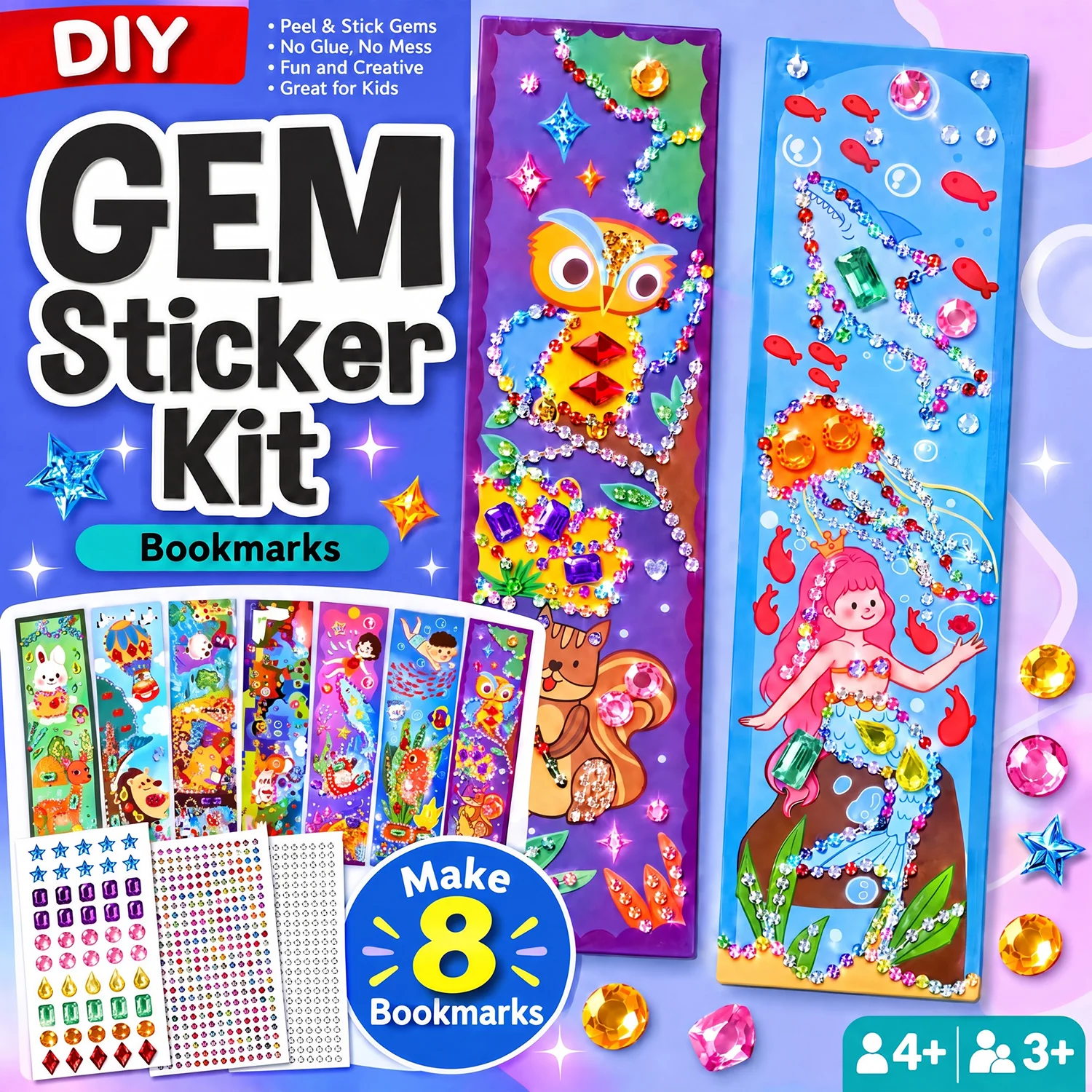 Gem Sticker Kit DIY Diamond Painting Bookmarks Rhinestone Art Stickers Creative Gem Craft Set Mess Free  Birthday Holiday Gift